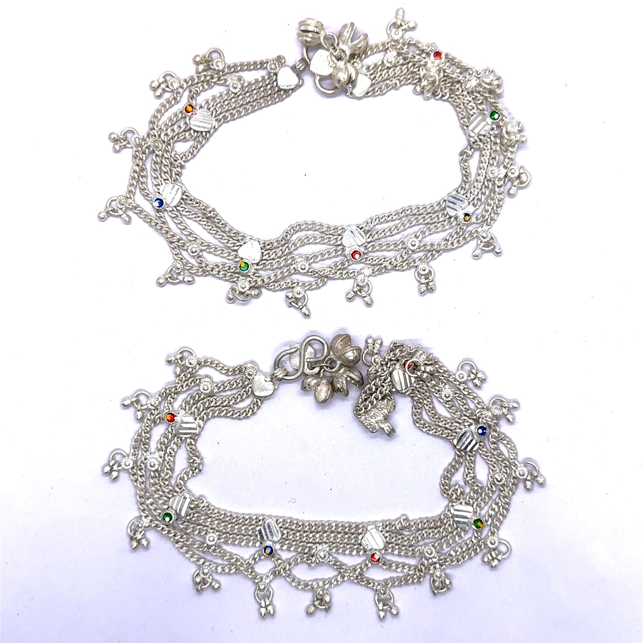 Multi-Layered German Silver with Anklet Pair with Bells Charms and Engraved Heart Motifs Payal