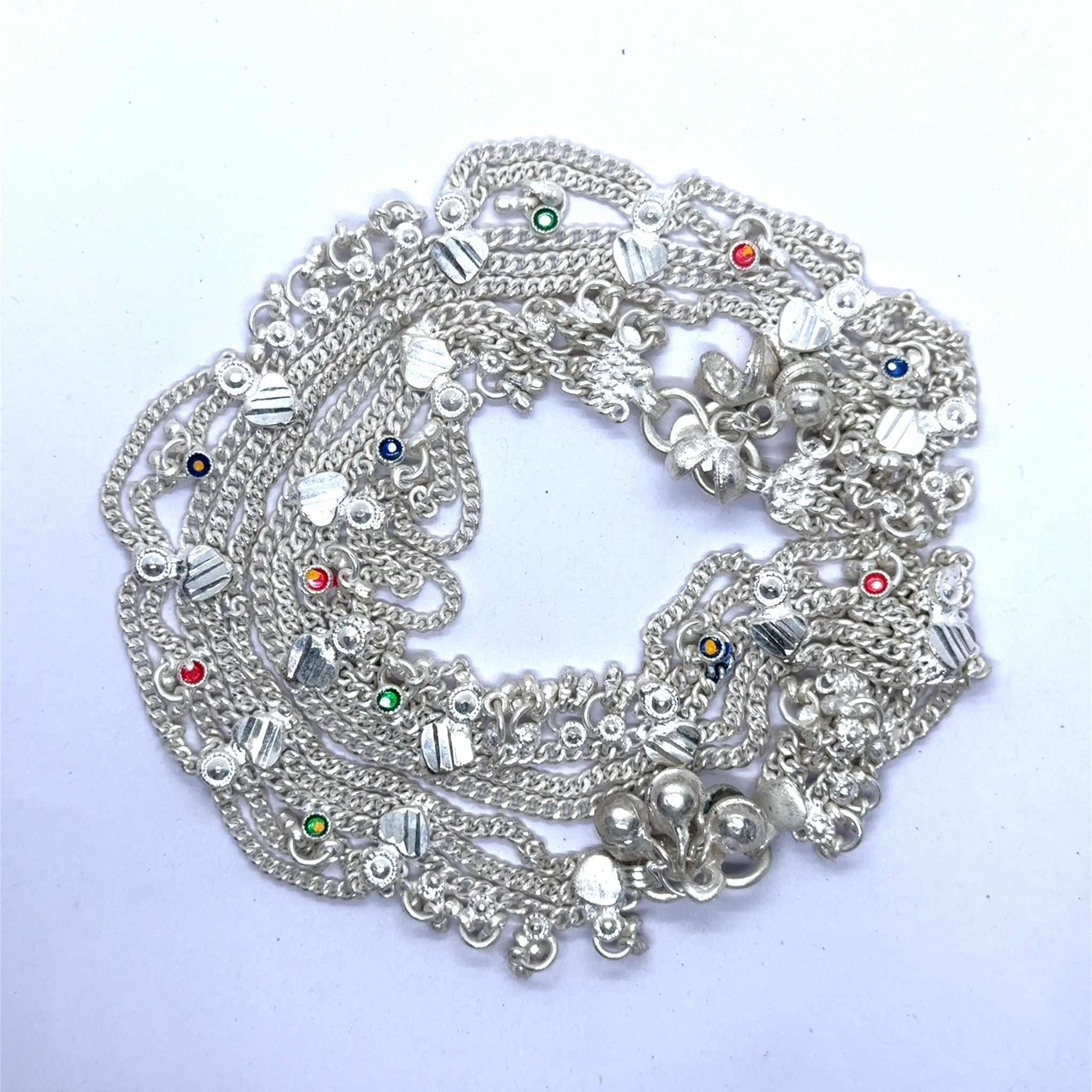 Multi-Layered German Silver with Anklet Pair with Bells Charms and Engraved Heart Motifs Payal