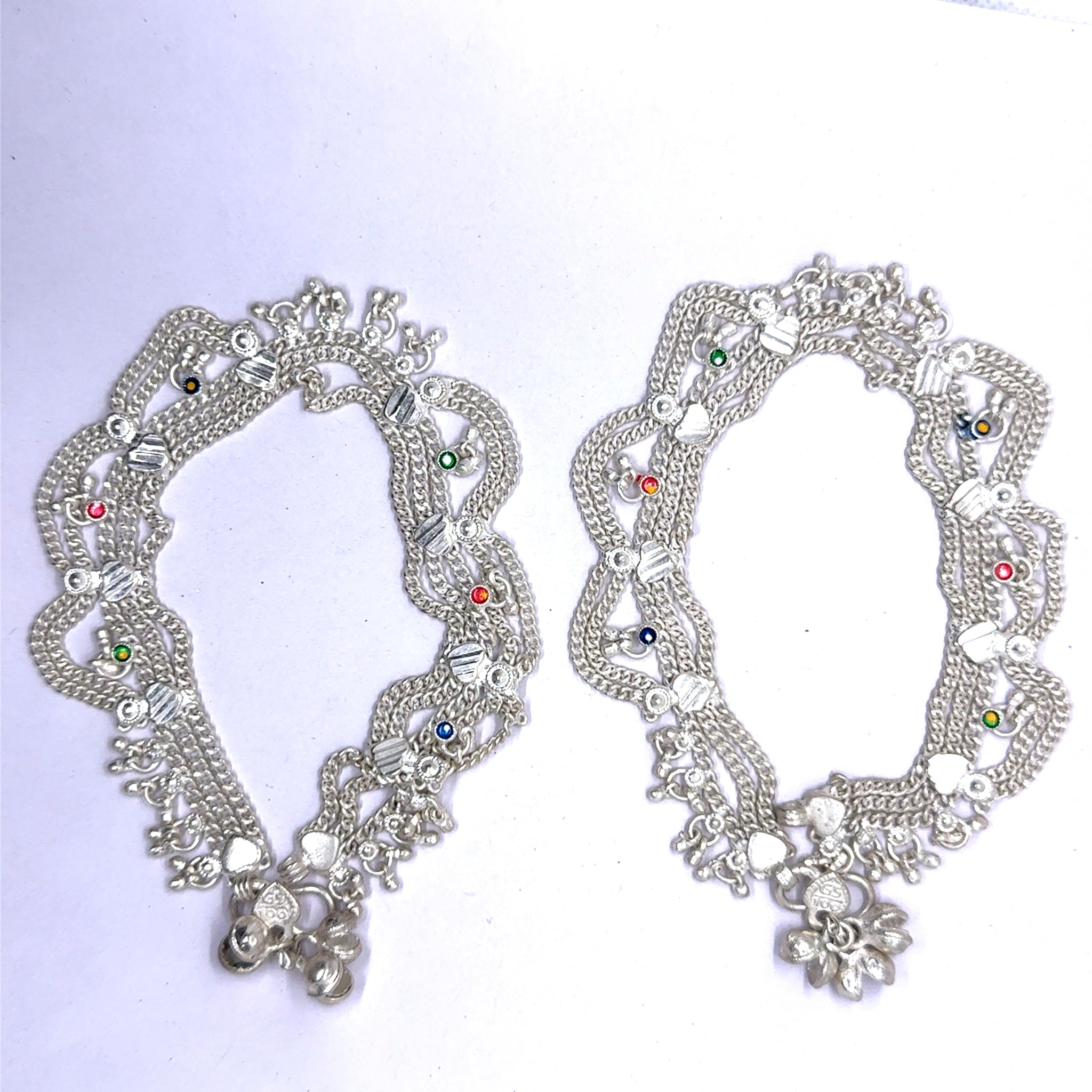 Traditional Multi Layered German Silver Payal Pair with Heart Motif and Anklet Bells