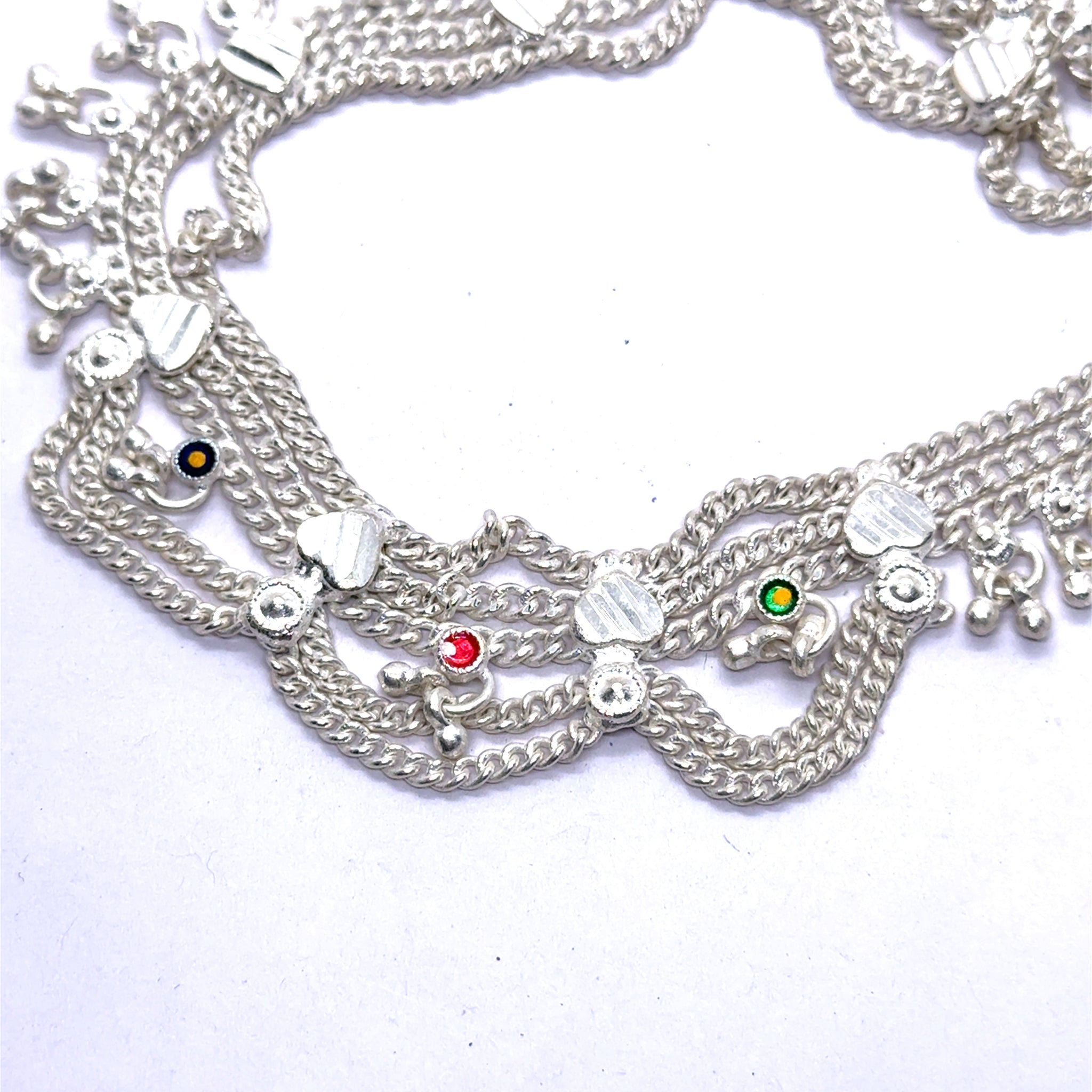 Traditional Multi Layered German Silver Payal Pair with Heart Motif and Anklet Bells