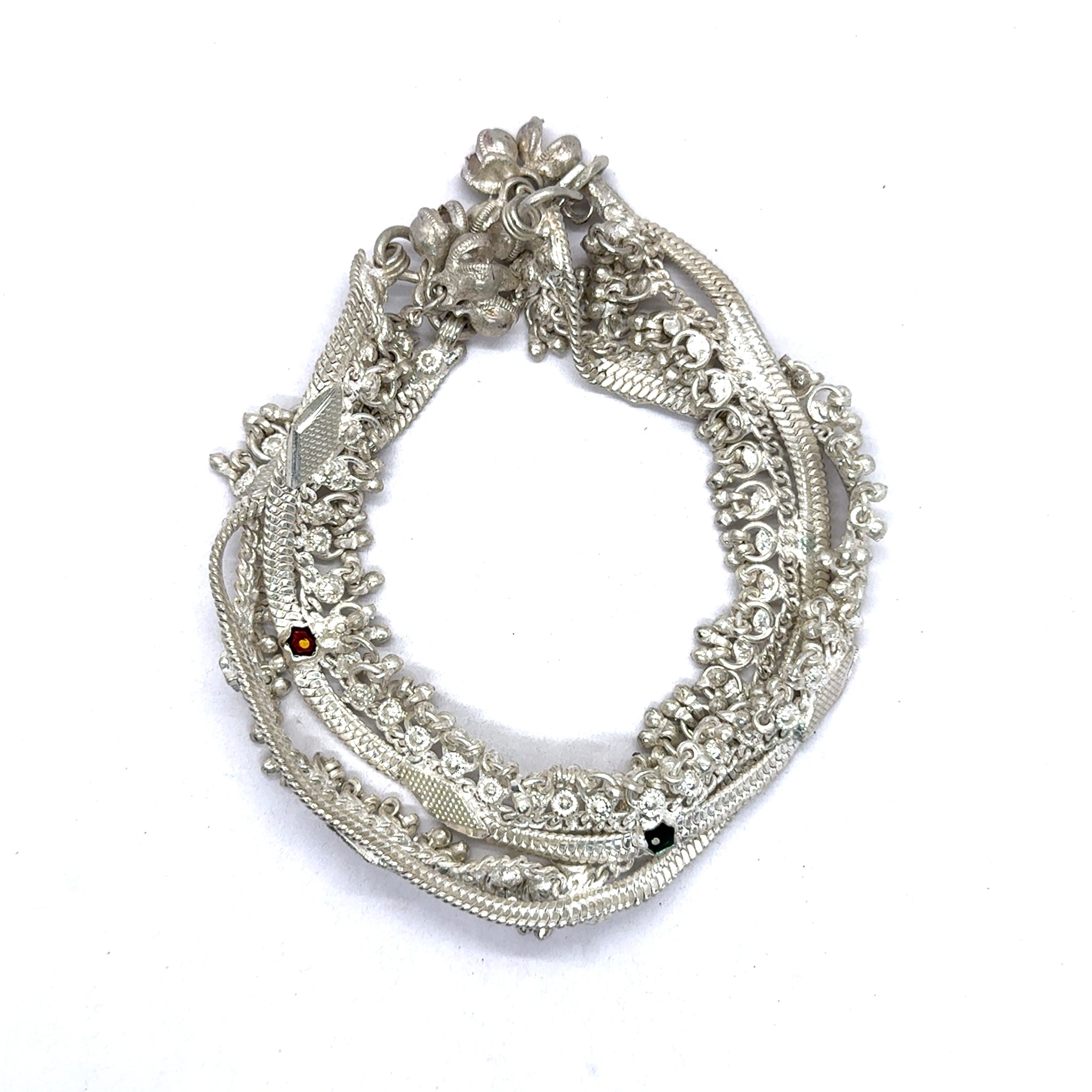 Multi Layered Ethnic German Silver Anklet Pair with Tinkling Charms and Motifs