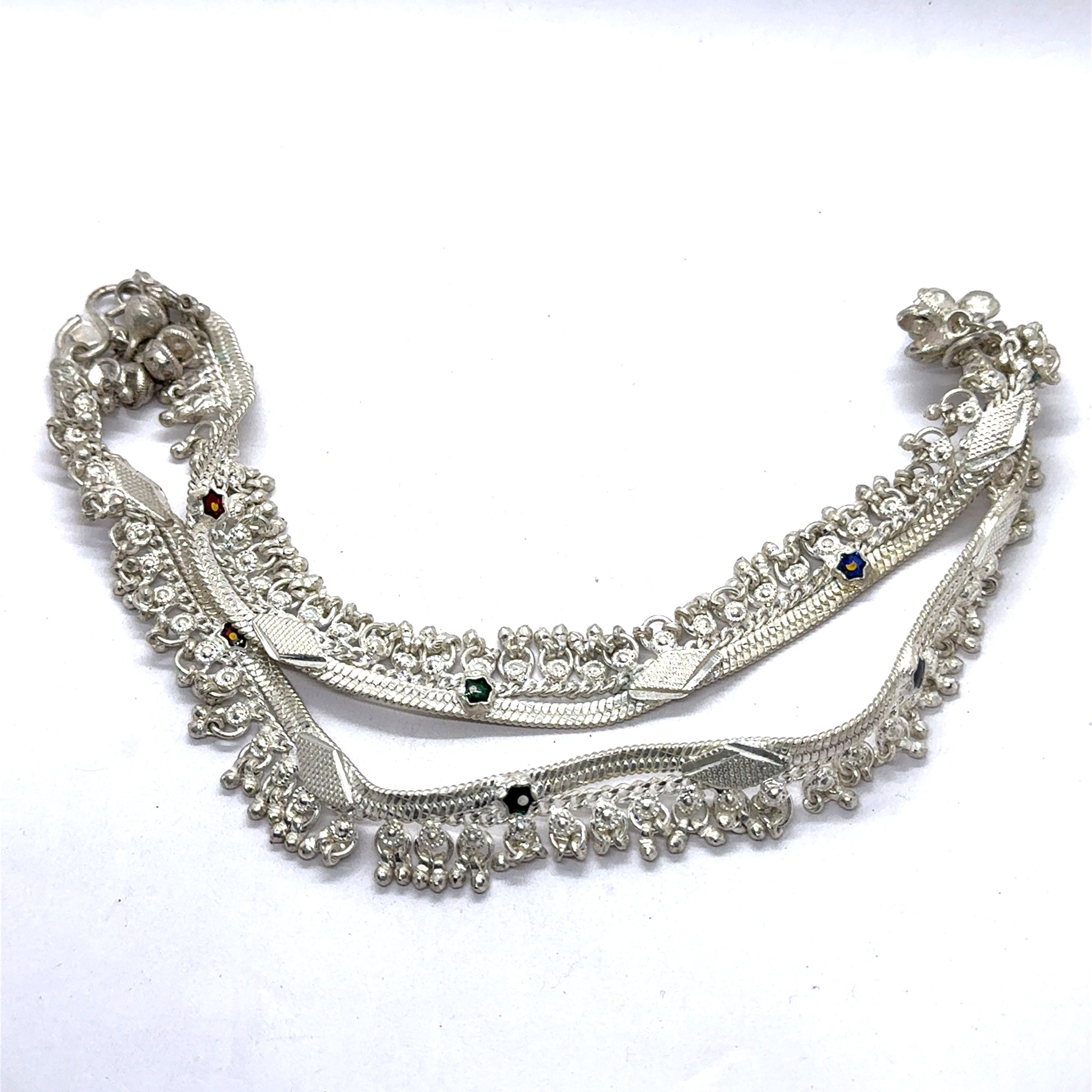 Multi Layered Ethnic German Silver Anklet Pair with Tinkling Charms and Motifs