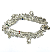 Bohemian Style German Silver Anklet Pair with Engraved Motifs and Sound Bells