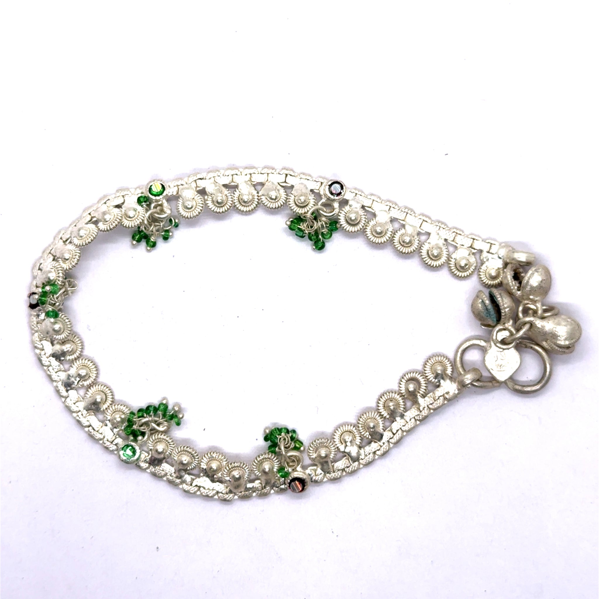 Unique Bohemian Style German Silver Pair with Green Beads Charm Anklet Jewelry
