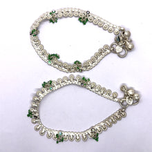 Unique Bohemian Style German Silver Pair with Green Beads Charm Anklet Jewelry