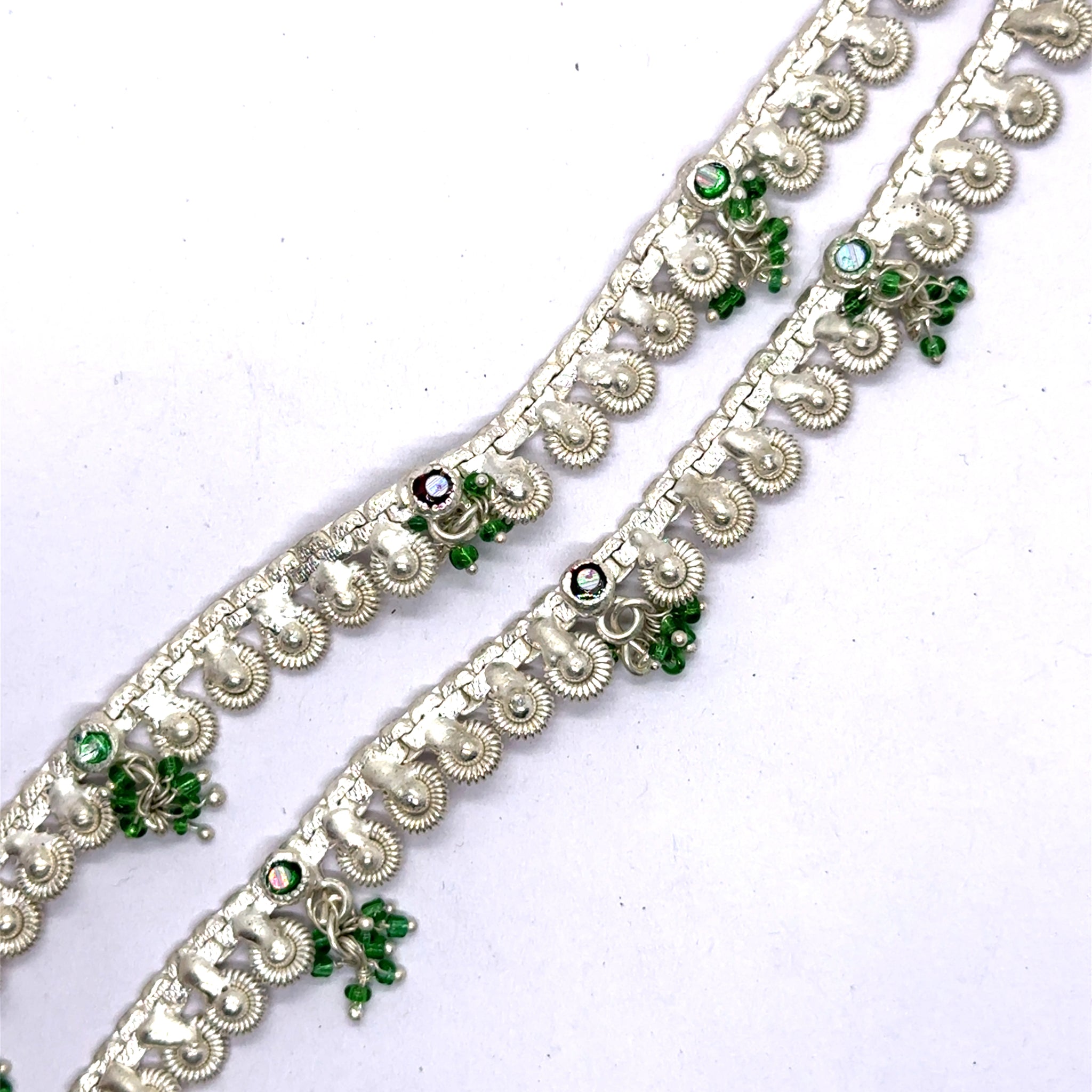 Unique Bohemian Style German Silver Pair with Green Beads Charm Anklet Jewelry