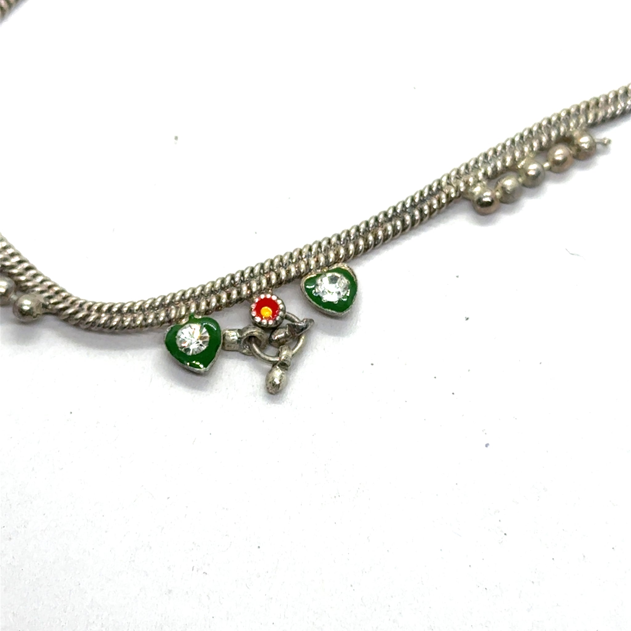 Classic German Silver with colorful Heart Charms and Tingling Bells Anklet Pair
