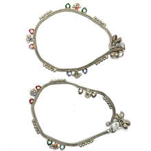 Classic German Silver with colorful Heart Charms and Tingling Bells Anklet Pair