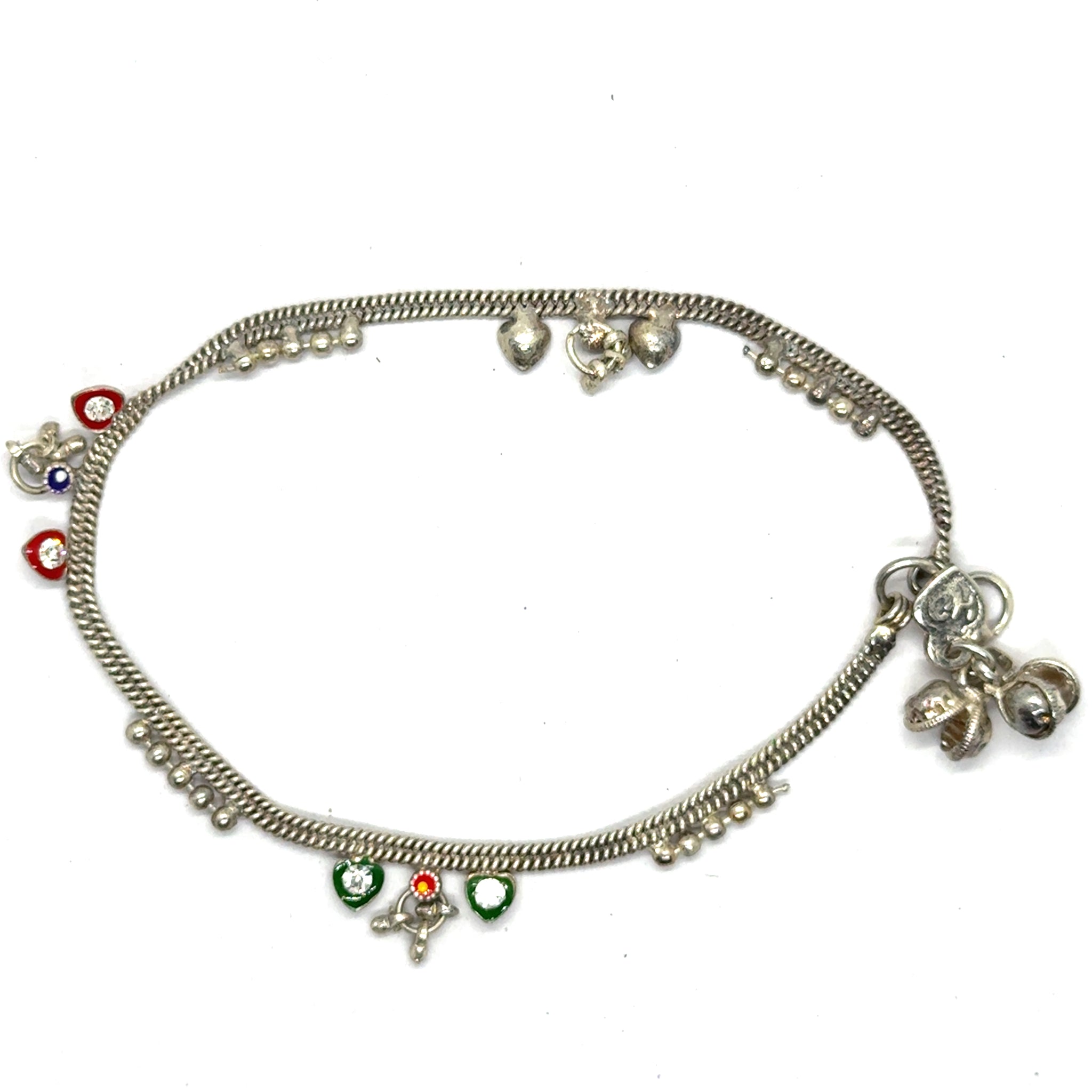 Classic German Silver with colorful Heart Charms and Tingling Bells Anklet Pair