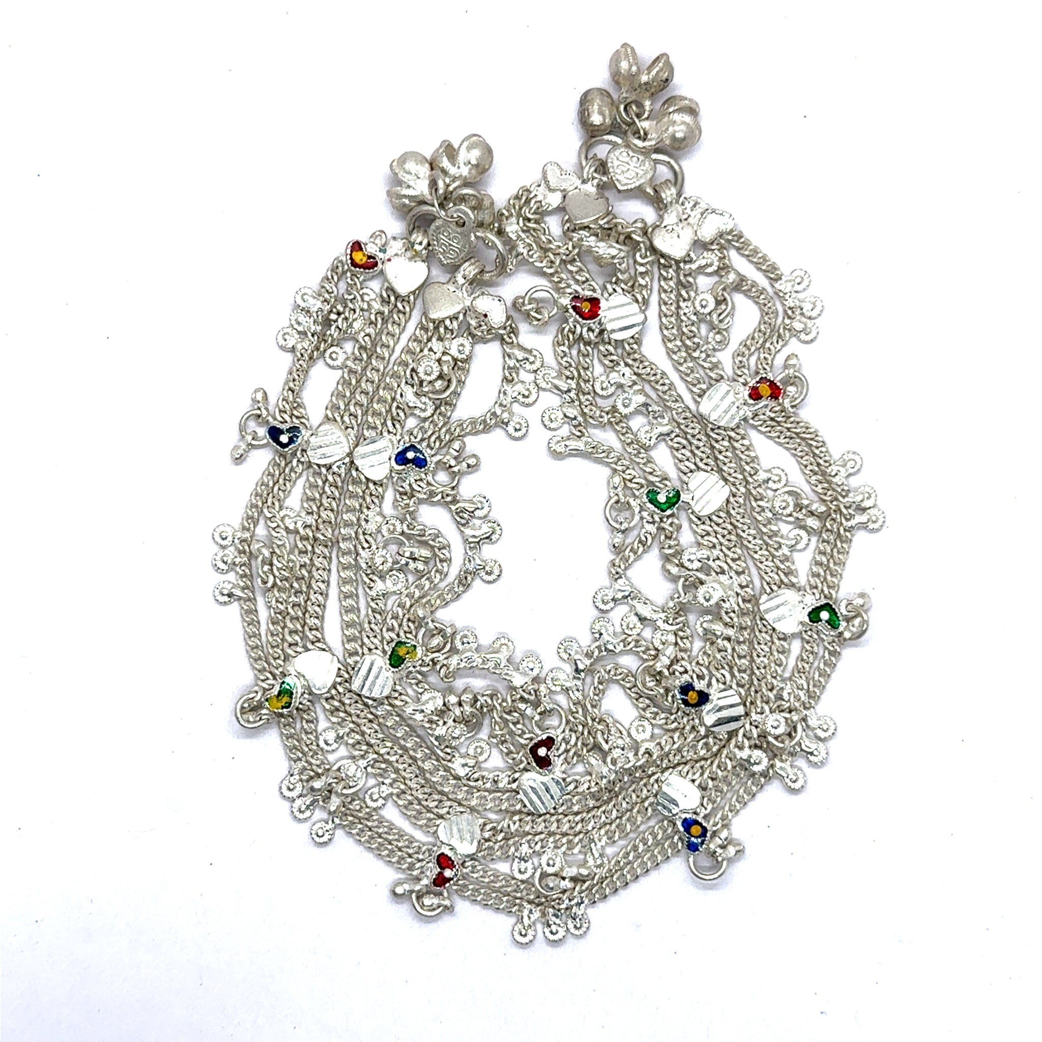 Traditional Multi-Layered German Silver Sound Bell Payal Anklet Set with Colorful Hearts and Engraved Motifs