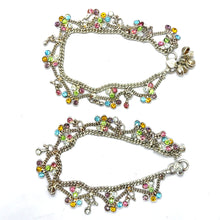 Multi Layered German Silver Anklet Pair with Colorful Stones and Sound Charms