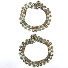 Elegant German Silver Anklet Pair with Bohemian Style Traditional Motifs and Charms