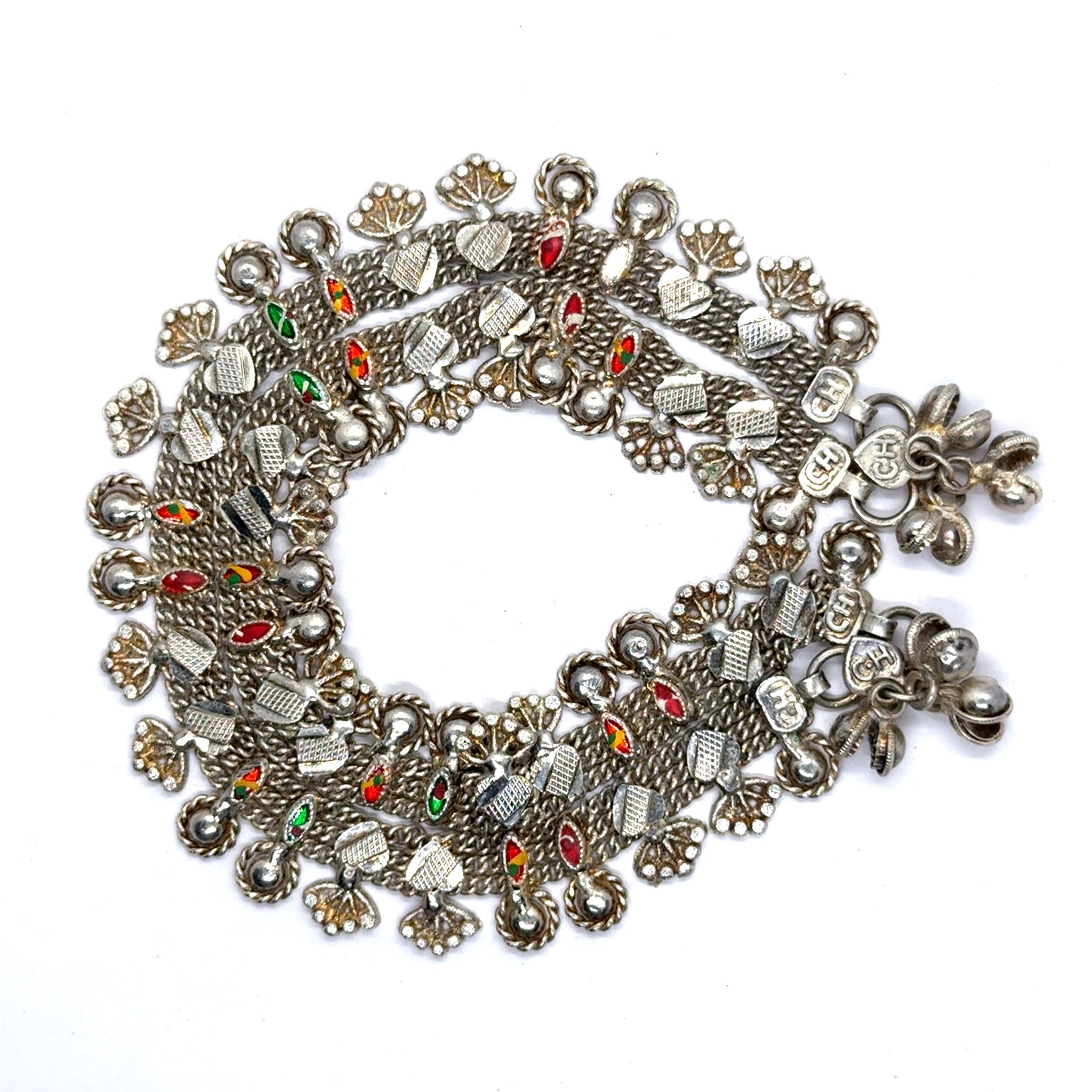 Elegant German Silver Anklet Pair with Bohemian Style Traditional Motifs and Charms