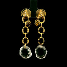 18K Yellow Gold Drop Earrings | Natural Diamond & White Quartz | Chain Link, Decorative Knot Motif Charm Jewelry