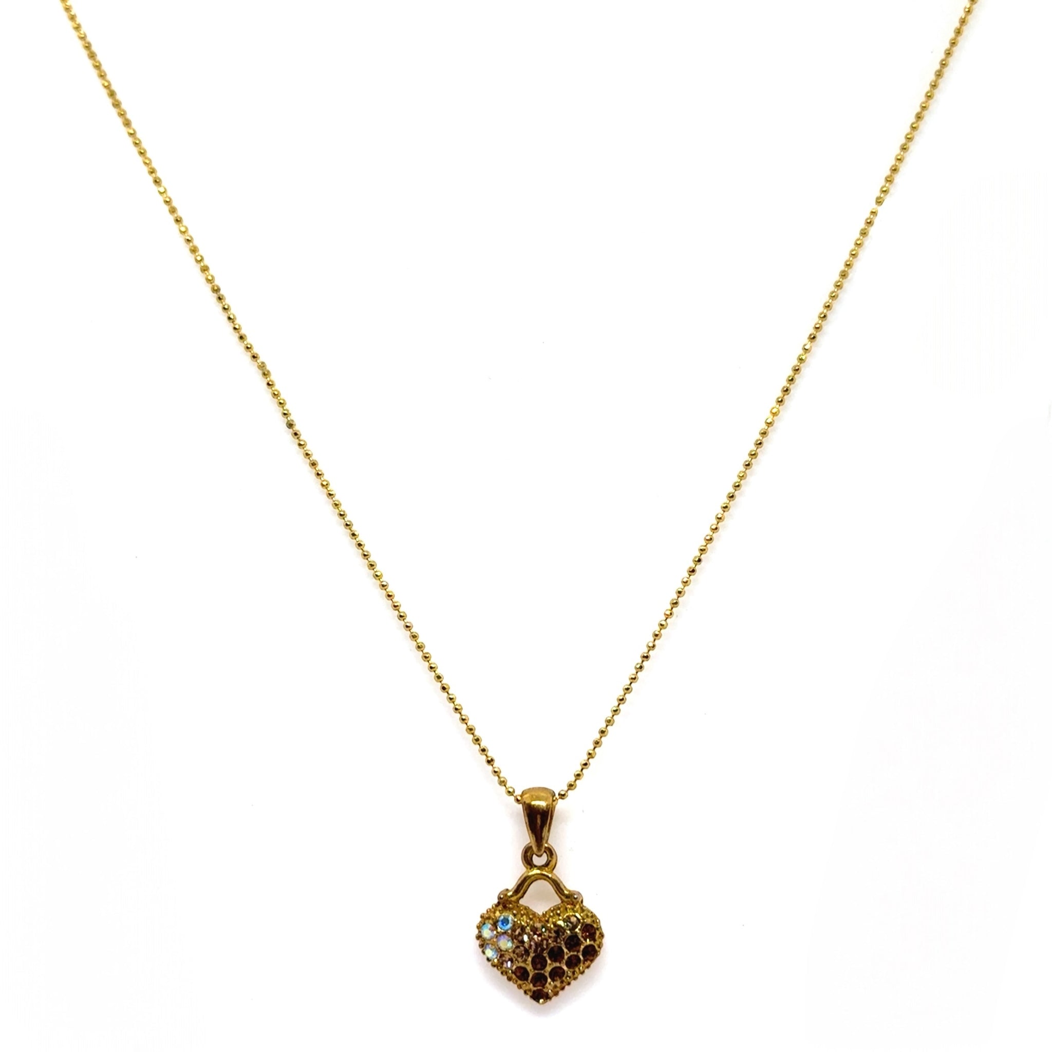 Heart Pendant Necklace Warm Yellow Tone Plated with White Rhinestone – Chic Romantic Jewelry