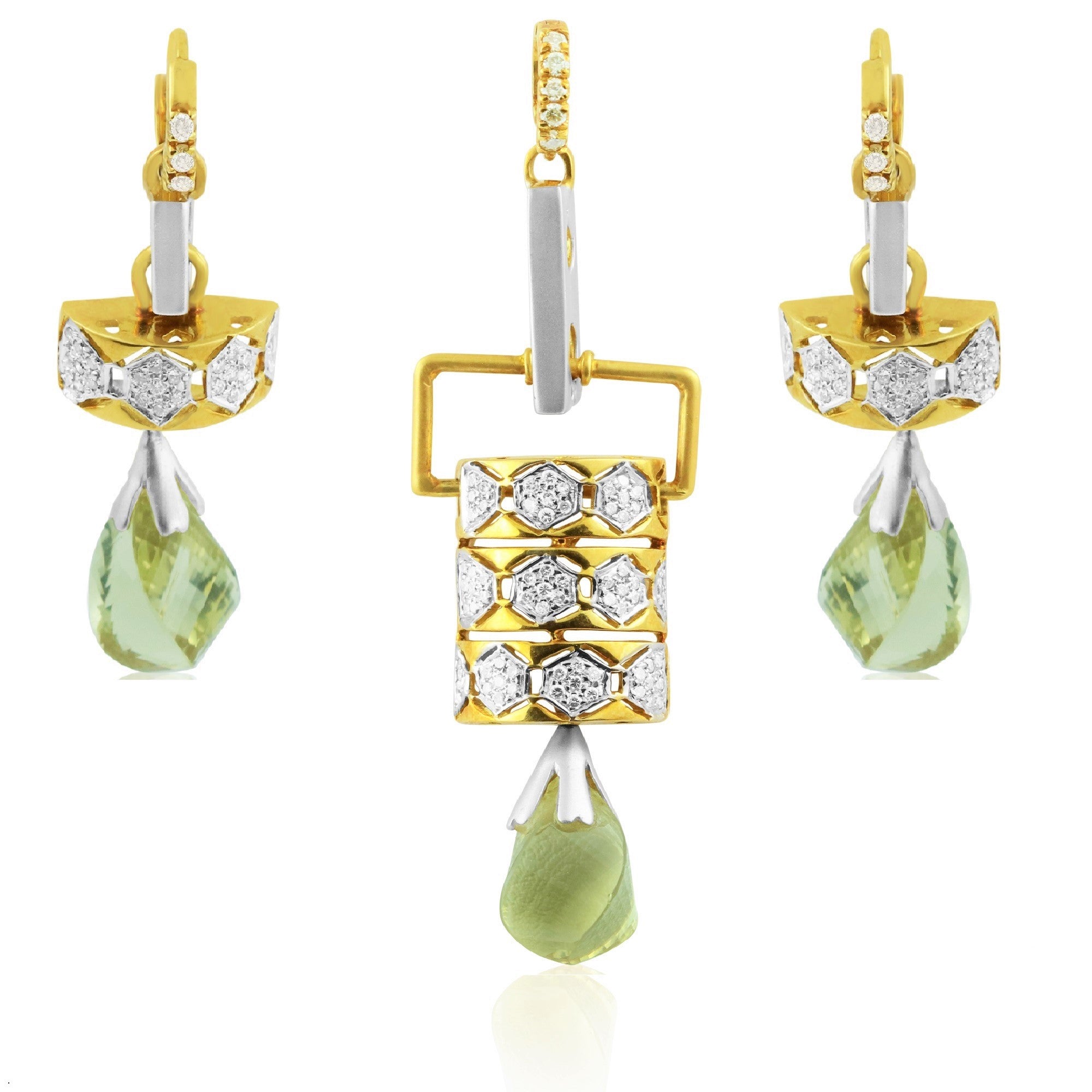 18K Yellow Gold Pendant Earring with Diamond Natural & Lemon Quartz Slider Drop Design Jewellery Set