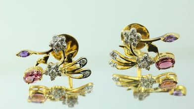 18K Yellow Gold Pendant Earring with Diamond, Rhodolite & Amethyst Natural Floral Branch Design Jewellery Set