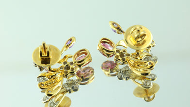 18K Yellow Gold Pendant Earring with Diamond, Rhodolite & Amethyst Natural Floral Branch Design Jewellery Set