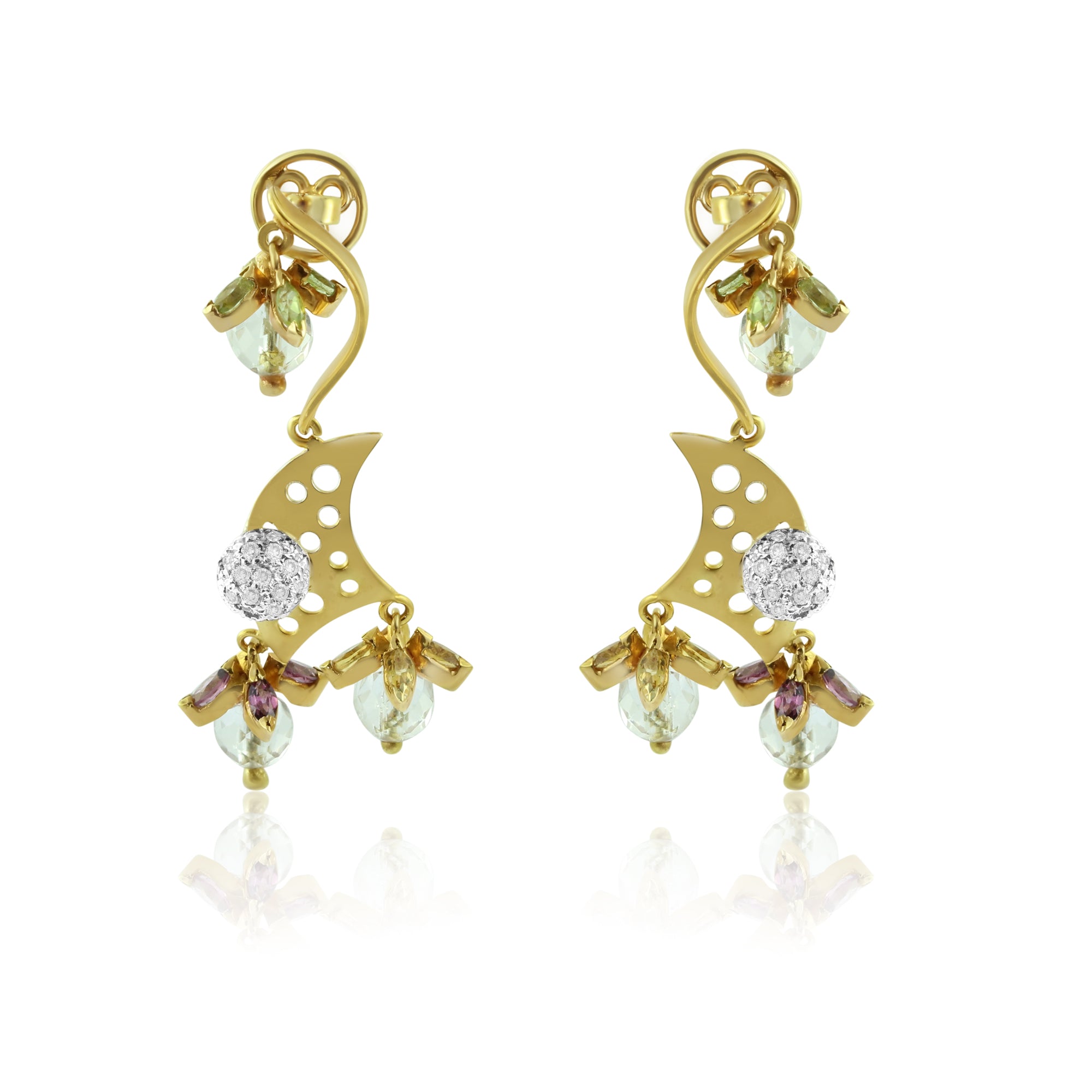 18K White & Yellow Dual Gold Pendant Earring with Diamond Natural & Semi Precious Gemstones Domed Chandelier Jewellery Set