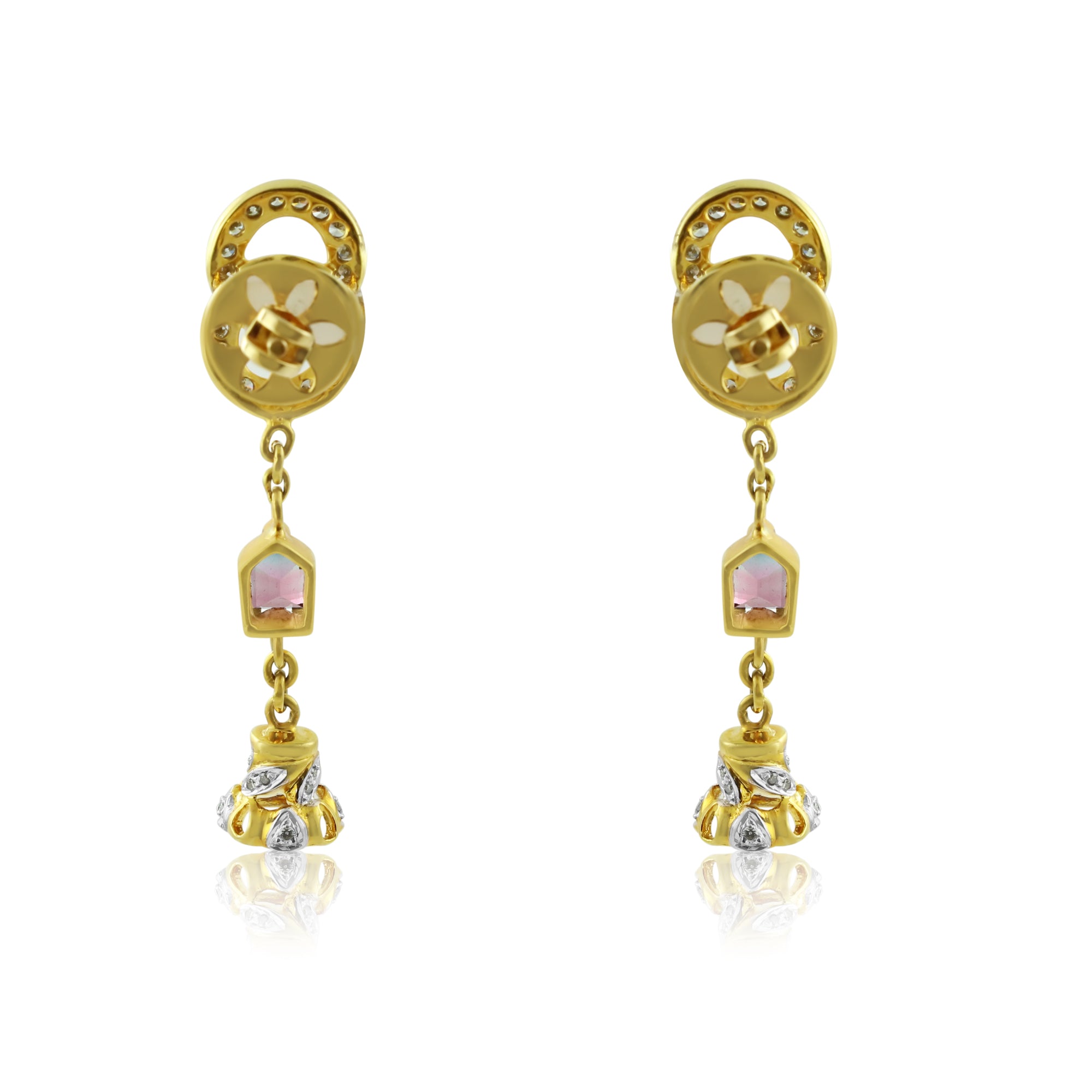 18K Yellow Gold Pendant Earring with Diamond & Tourmaline Natural Gems Drop Design Jewellery Set
