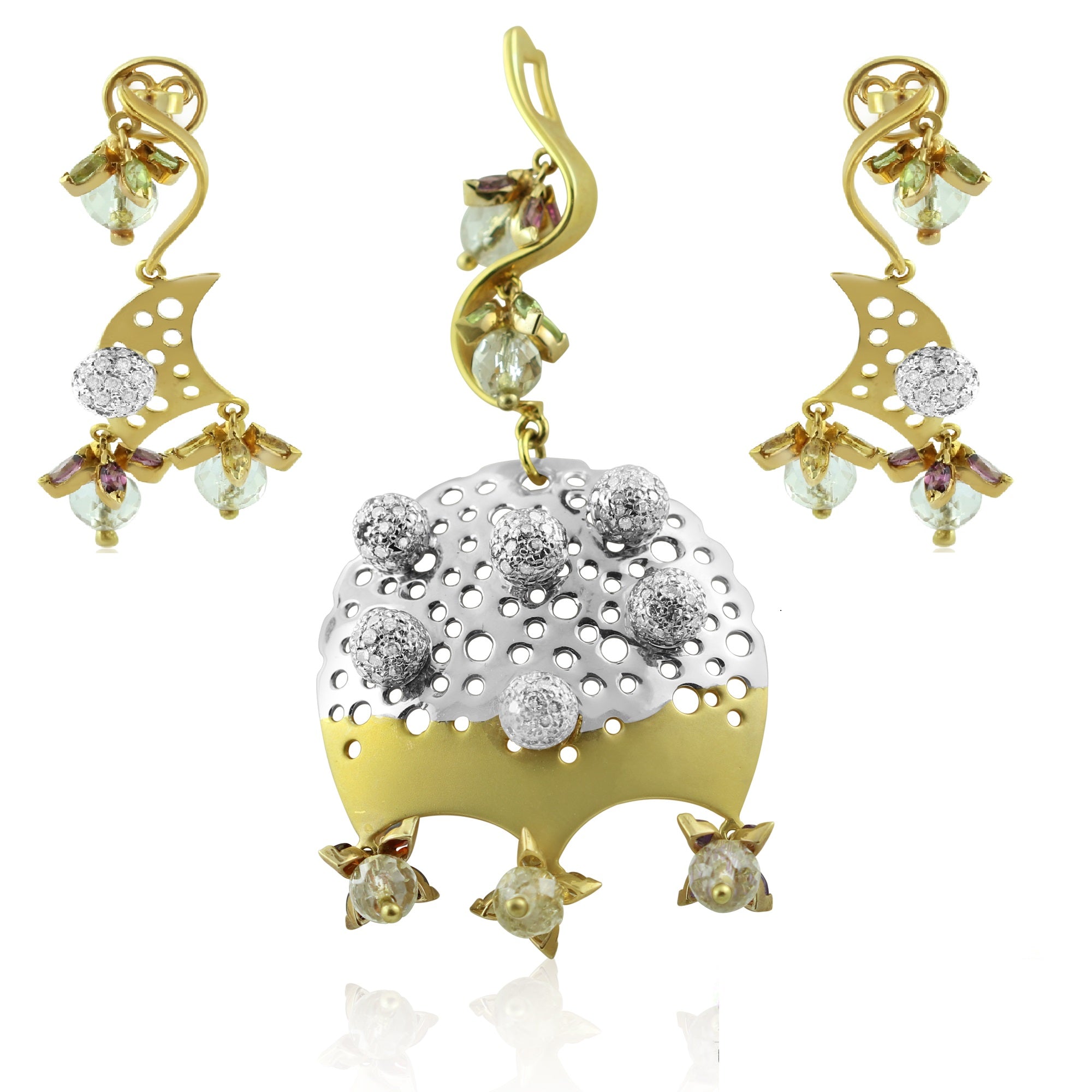 18K White & Yellow Dual Gold Pendant Earring with Diamond Natural & Semi Precious Gemstones Domed Chandelier Jewellery Set
