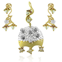 18K White & Yellow Dual Gold Pendant Earring with Diamond Natural & Semi Precious Gemstones Domed Chandelier Jewellery Set