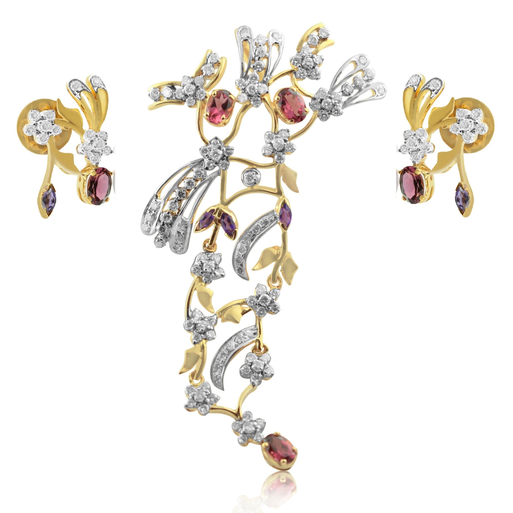 18K Yellow Gold Pendant Earring with Diamond, Rhodolite & Amethyst Natural Floral Branch Design Jewellery Set