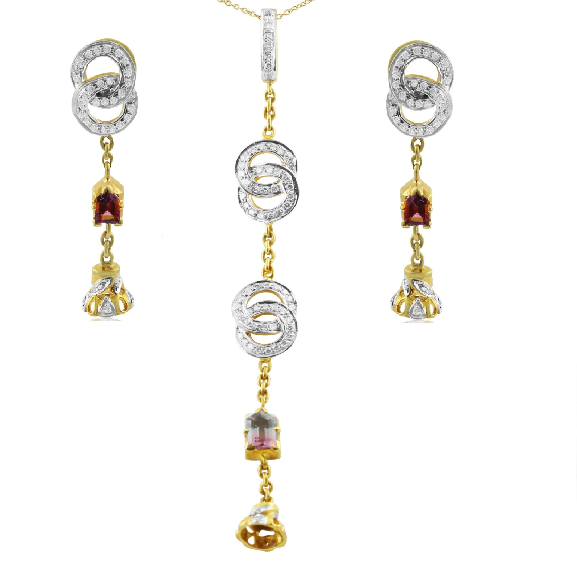 18K Yellow Gold Pendant Earring with Diamond & Tourmaline Natural Gems Drop Design Jewellery Set