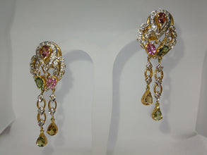 18K Yellow Gold Pendant Earring with Diamond & Multi Tourmaline Natural Gemstone Tassel Elegant Jewellery Set