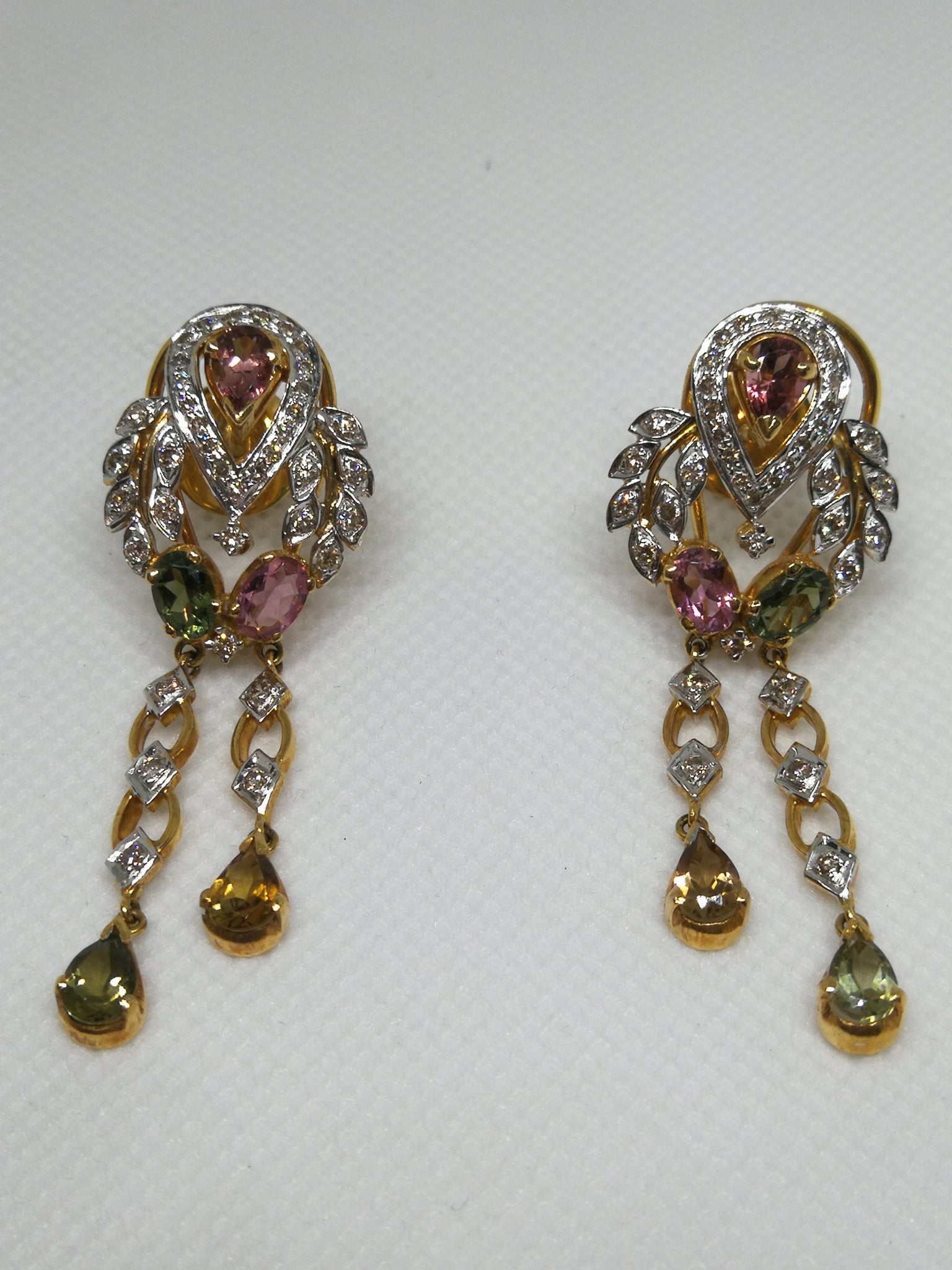 18K Yellow Gold Pendant Earring with Diamond & Multi Tourmaline Natural Gemstone Tassel Elegant Jewellery Set