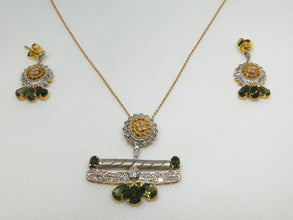 18K Yellow Gold Pendant Earring with Diamond & Green Tourmaline Natural Forest Floral Jewellery Set