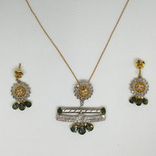 18K Yellow Gold Pendant Earring with Diamond & Green Tourmaline Natural Forest Floral Jewellery Set