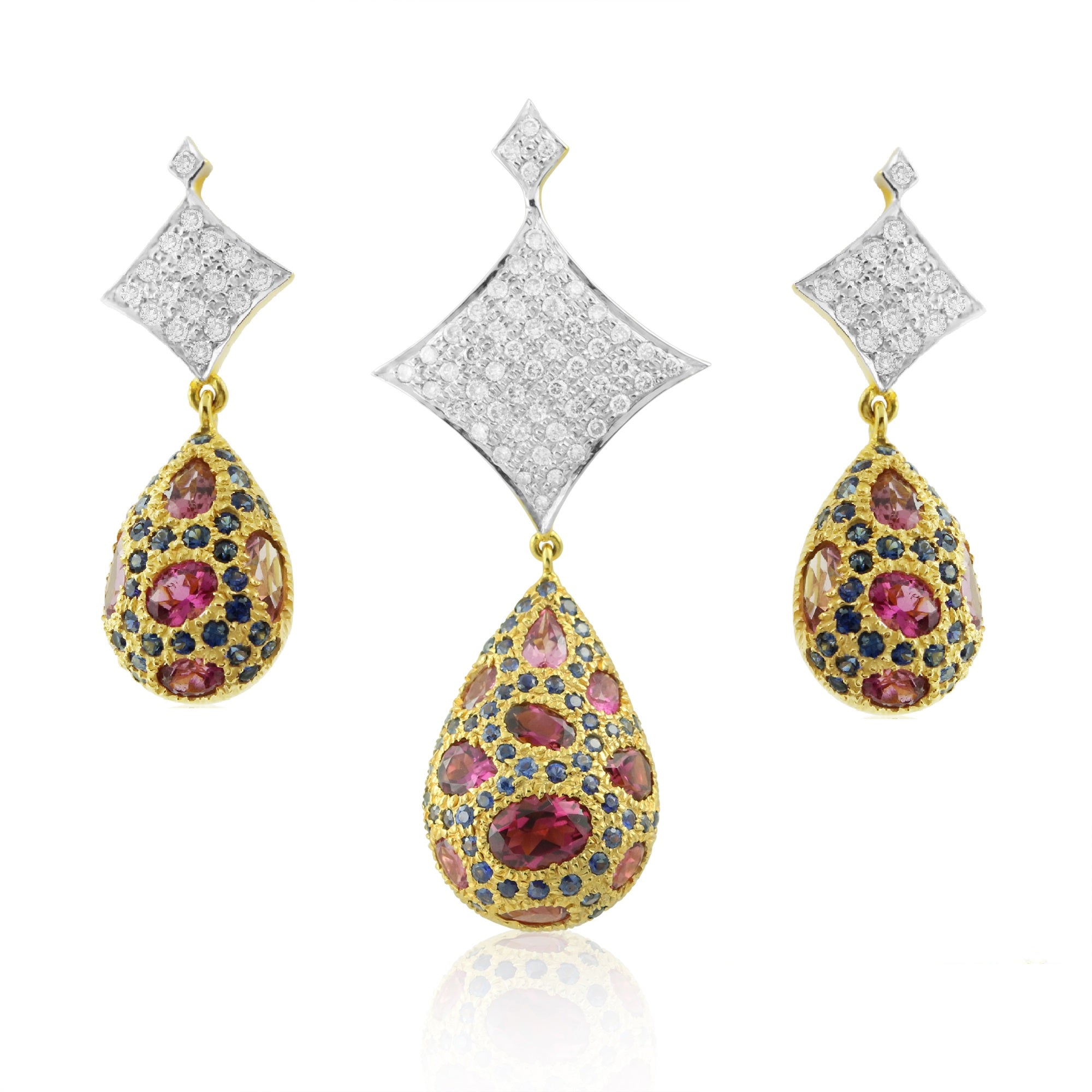18K White Yellow Dual Gold Pendant Earring with Pink Tourmaline Sapphire Natural Diamond Drop Embedded Gemstone Jewellery Set