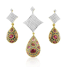 18K White Yellow Dual Gold Pendant Earring with Pink Tourmaline Sapphire Natural Diamond Drop Embedded Gemstone Jewellery Set