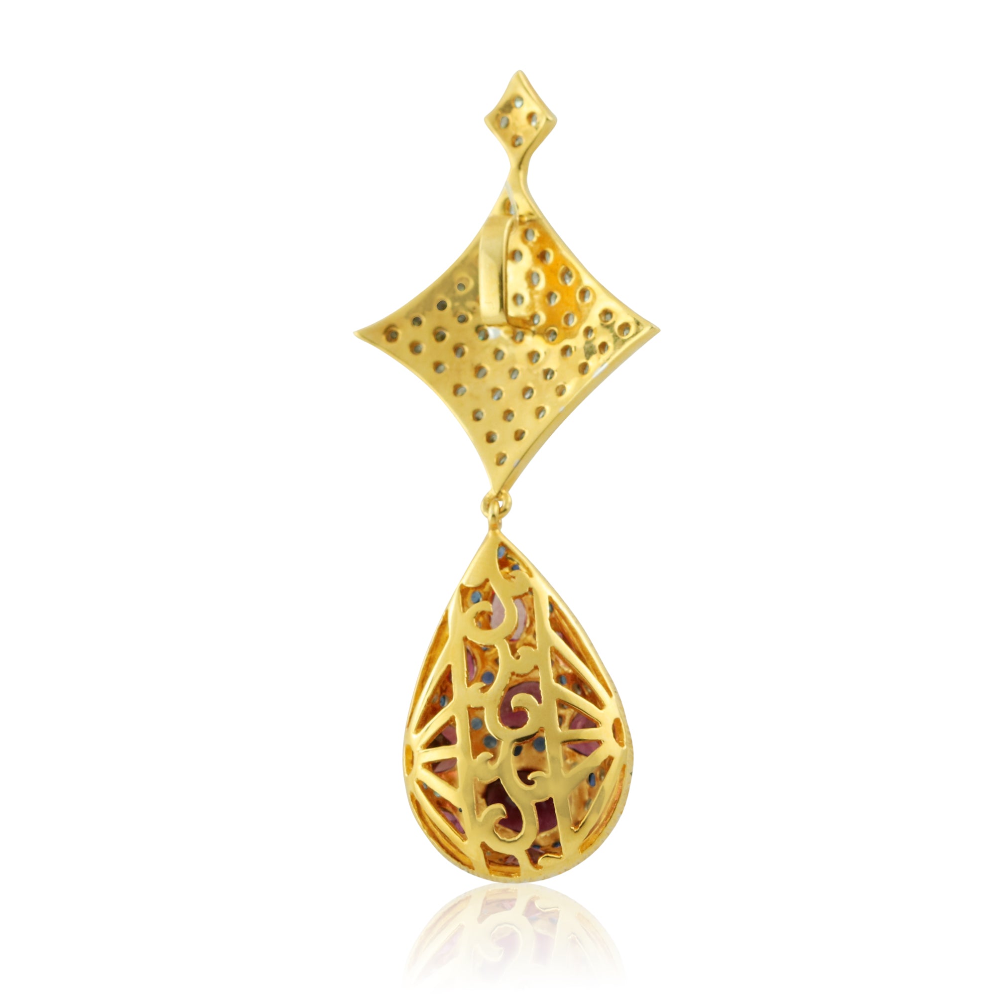 18K White Yellow Dual Gold Pendant Earring with Pink Tourmaline Sapphire Natural Diamond Drop Embedded Gemstone Jewellery Set