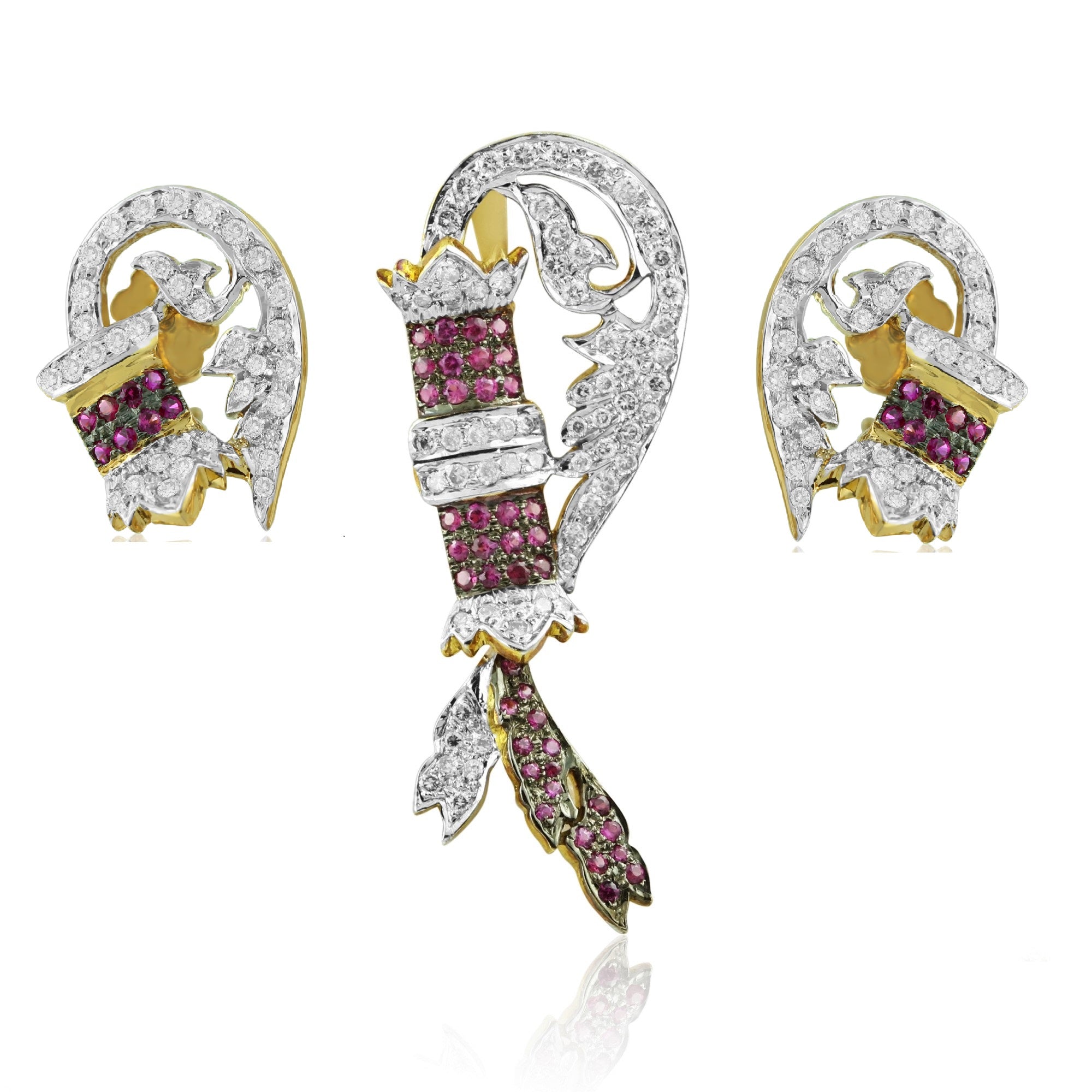 18K Yellow Gold Pendant Earring with Ruby & Diamond Natural Feather Design Jewellery Set