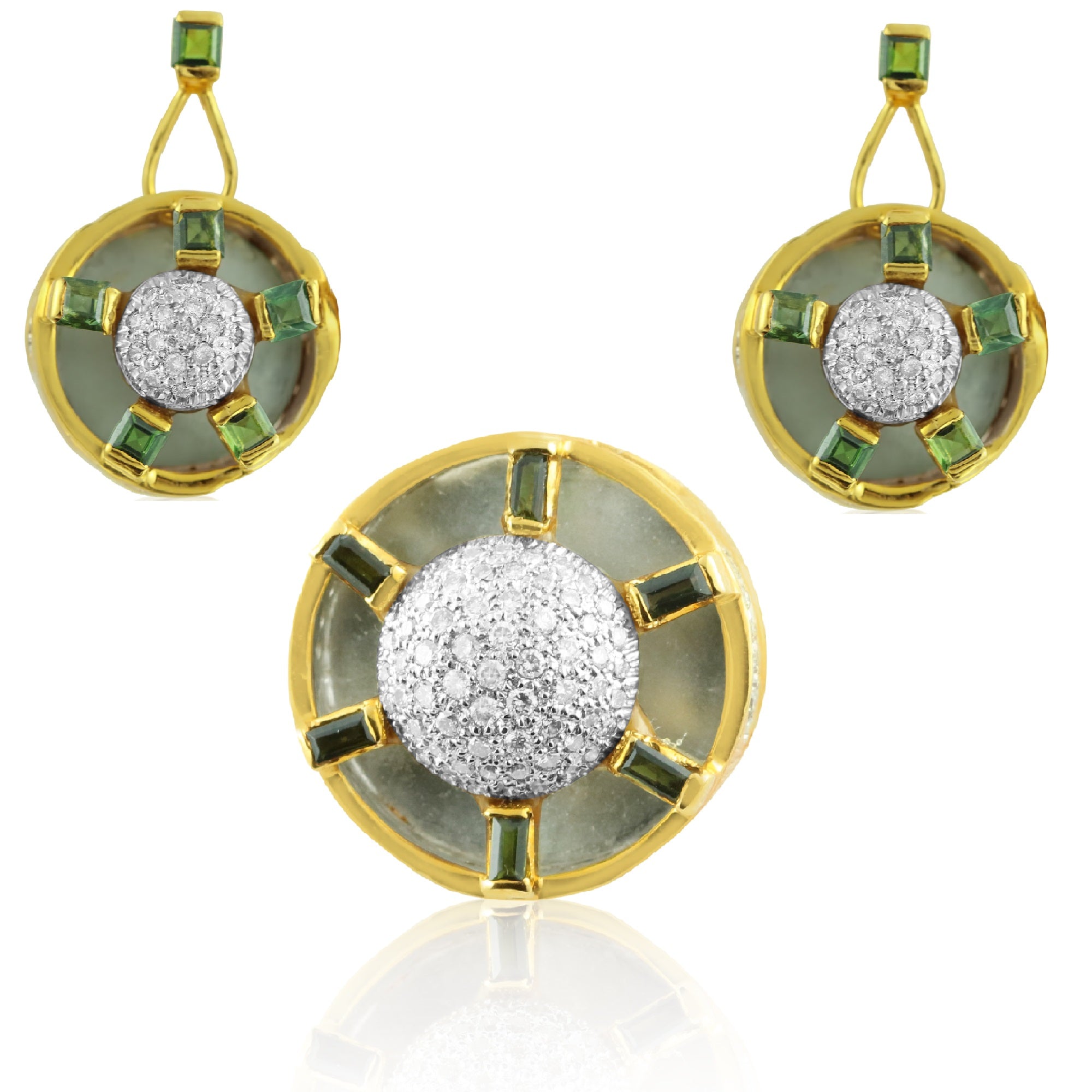 18K Yellow Gold Pendant Earring with Diamond & Green Tourmaline Natural Gemstones Hoop Wheel Style Jewellery Set