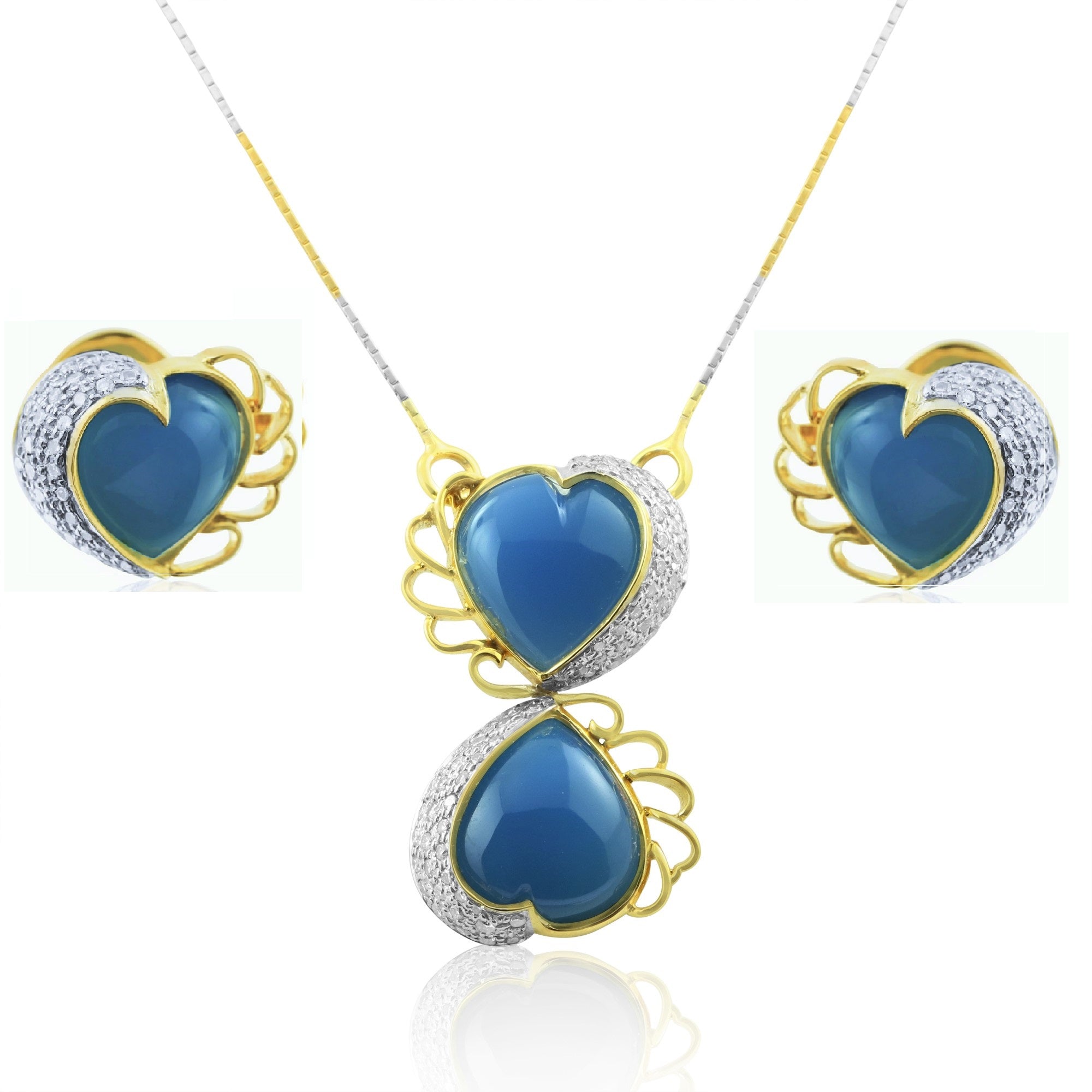 18K Yellow Gold Pendant Earring Chain with Chalcedony Heart & Natural Diamond Jewellery Set