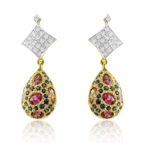 18K White Yellow Dual Gold Pendant Earring with Pink Tourmaline Sapphire Natural Diamond Drop Embedded Gemstone Jewellery Set