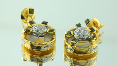 18K Yellow Gold Pendant Earring with Diamond & Green Tourmaline Natural Gemstones Hoop Wheel Style Jewellery Set
