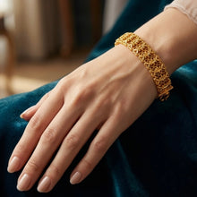 Yellow Gold Plated Nature Bracelet – Textured Leaf Links & Filigree Weave