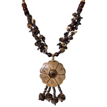 Handmade Natural Wood Floral Carved Pendant with Light Coconut Shell Tassels Ethnic Jewelry
