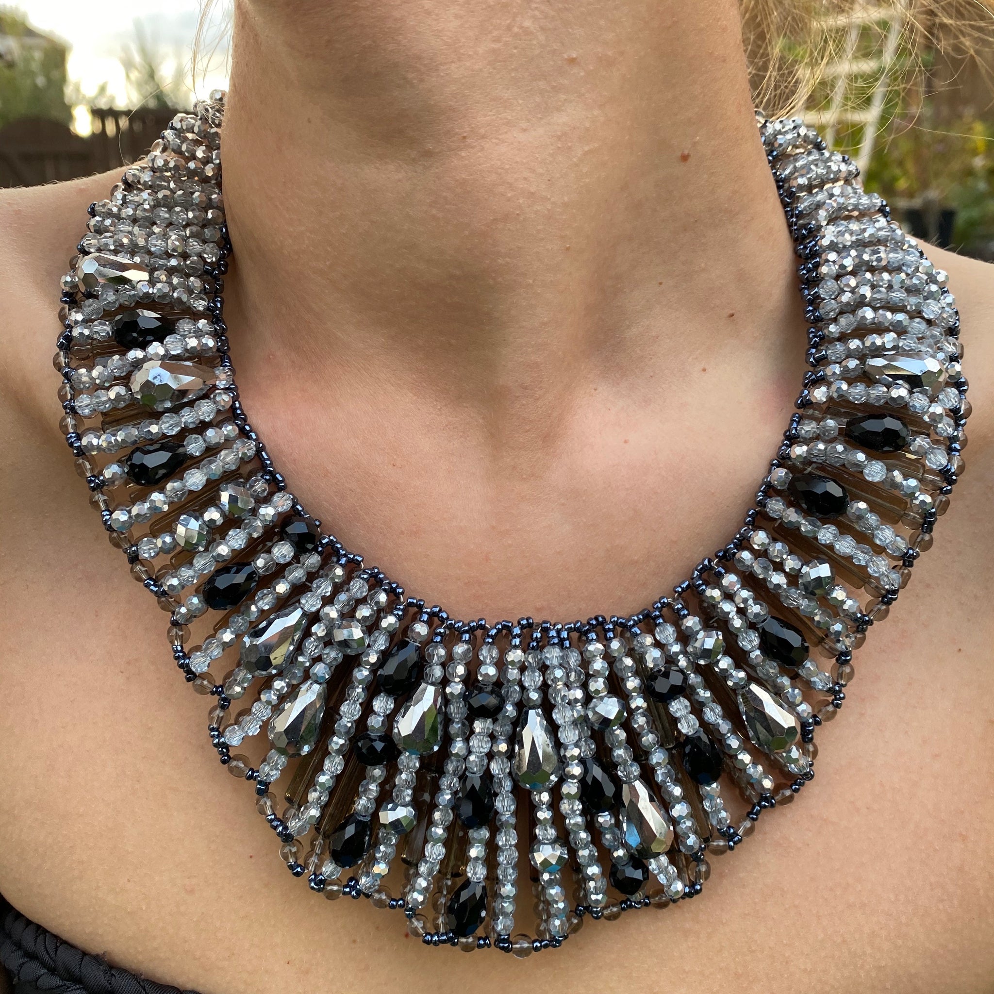 Handmade Necklace 20" Metallic Black Grey Beads Glitzy Collar Wrap Choker