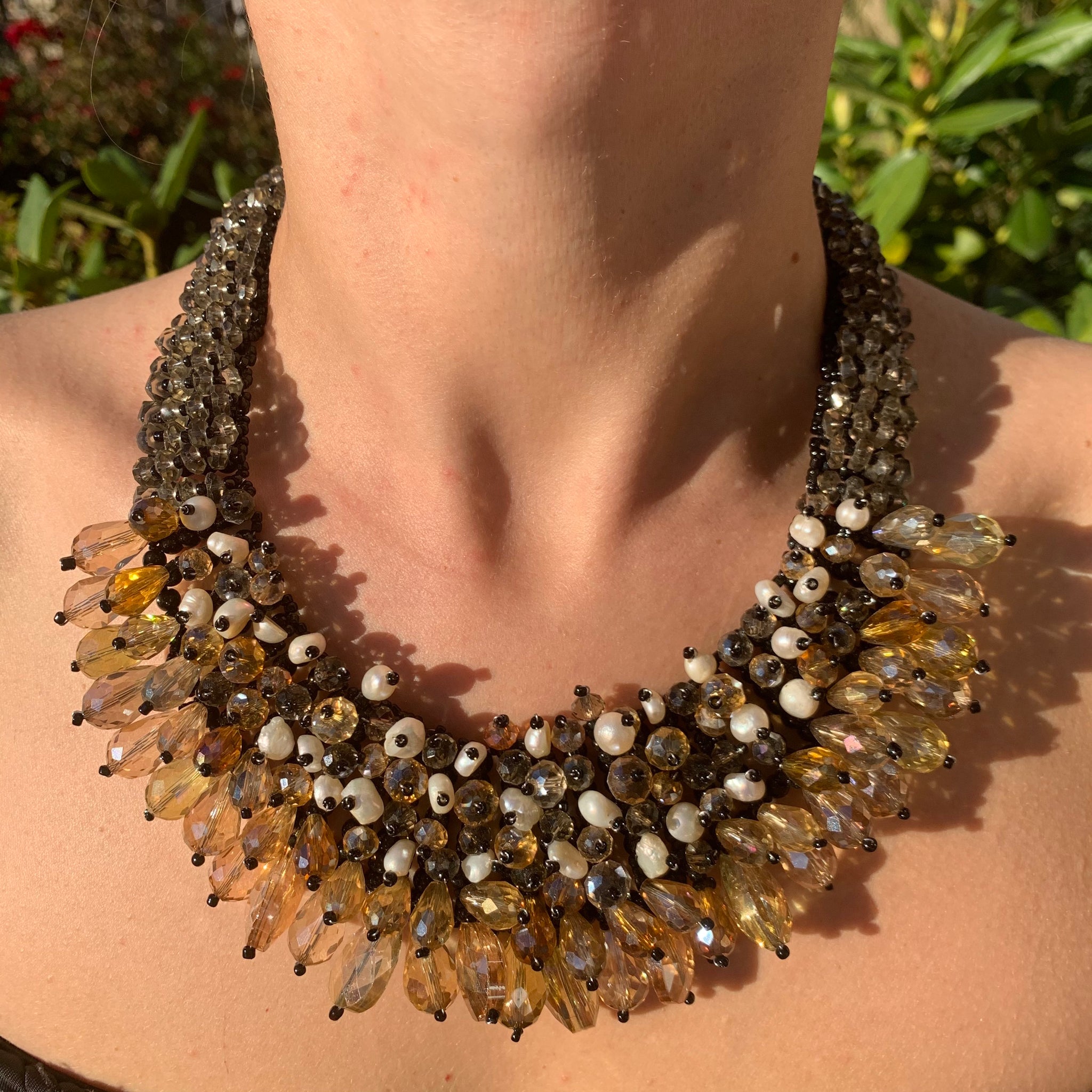 Handmade Smoky Necklace 20" Drop Beads Clustered Trendy Bib Choker