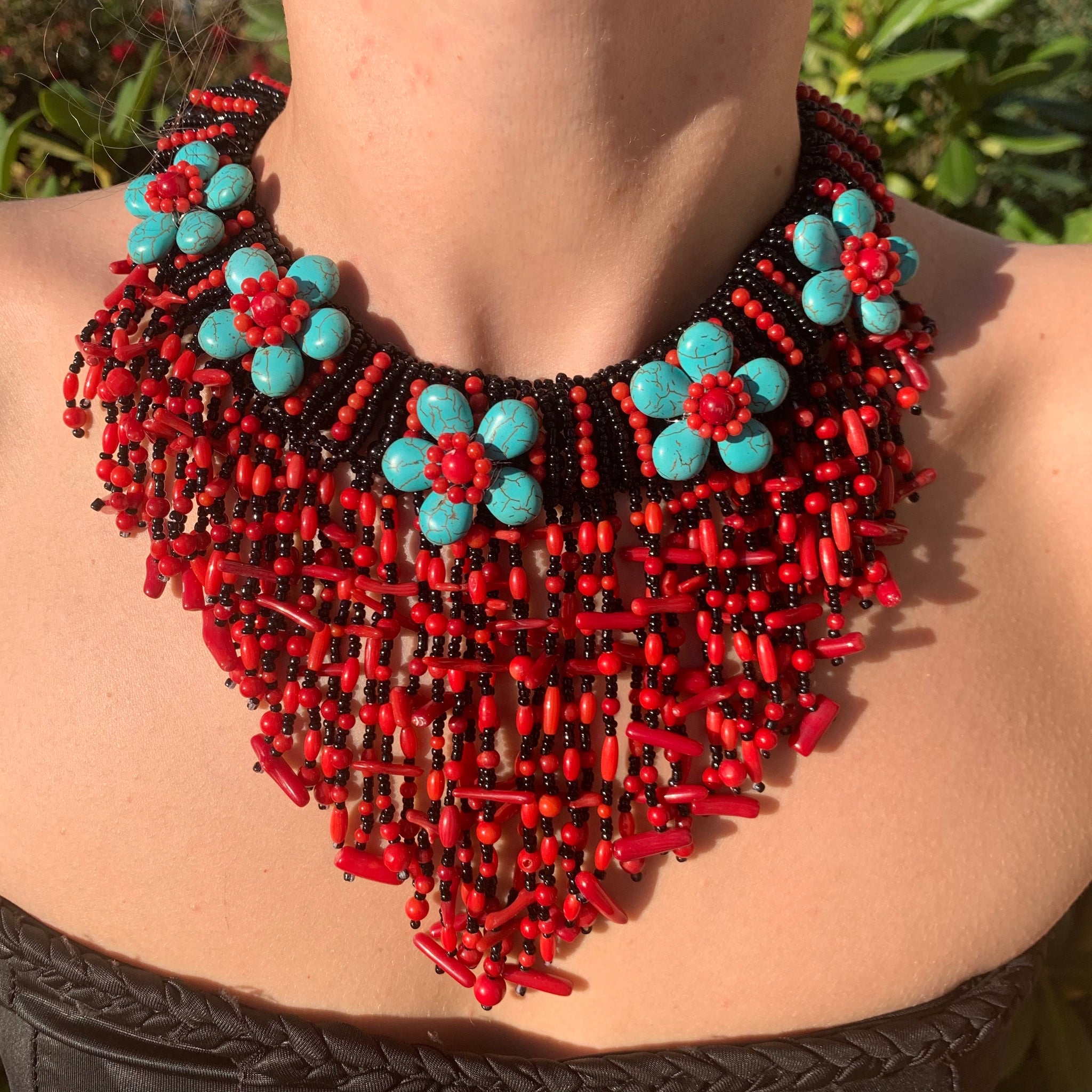 Handmade Drippy Branch Necklace 15" Waterfall Fringe Coral Colored Turquoise Unique Jewelry