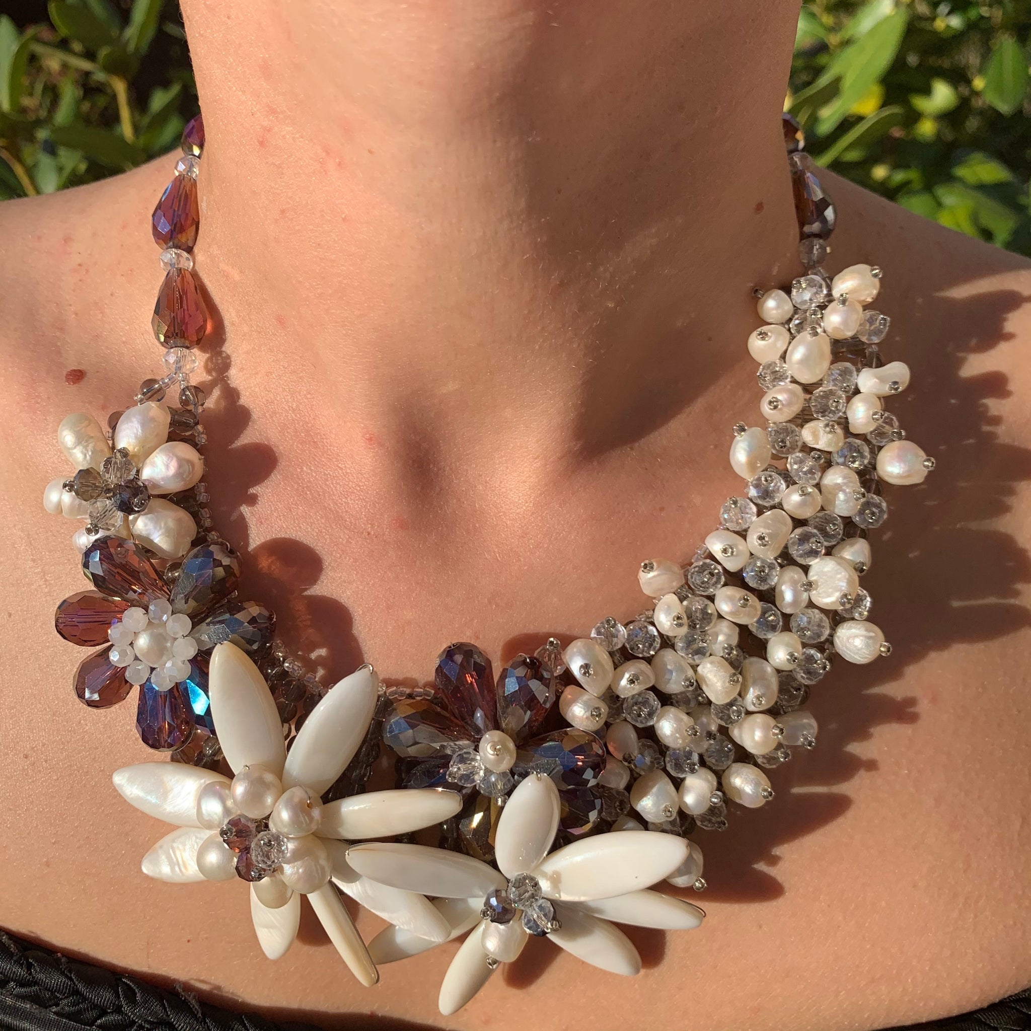 Handmade Choker Gleaming White 20" Unique Sea Shells with Pearls Floral Necklace