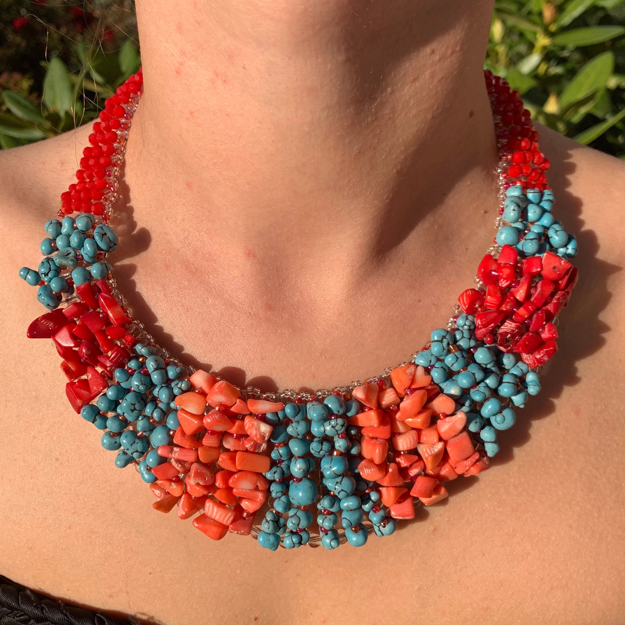 Handmade Bib Choker Ombre Blue Turquoise & Coral Colored Unique Necklace