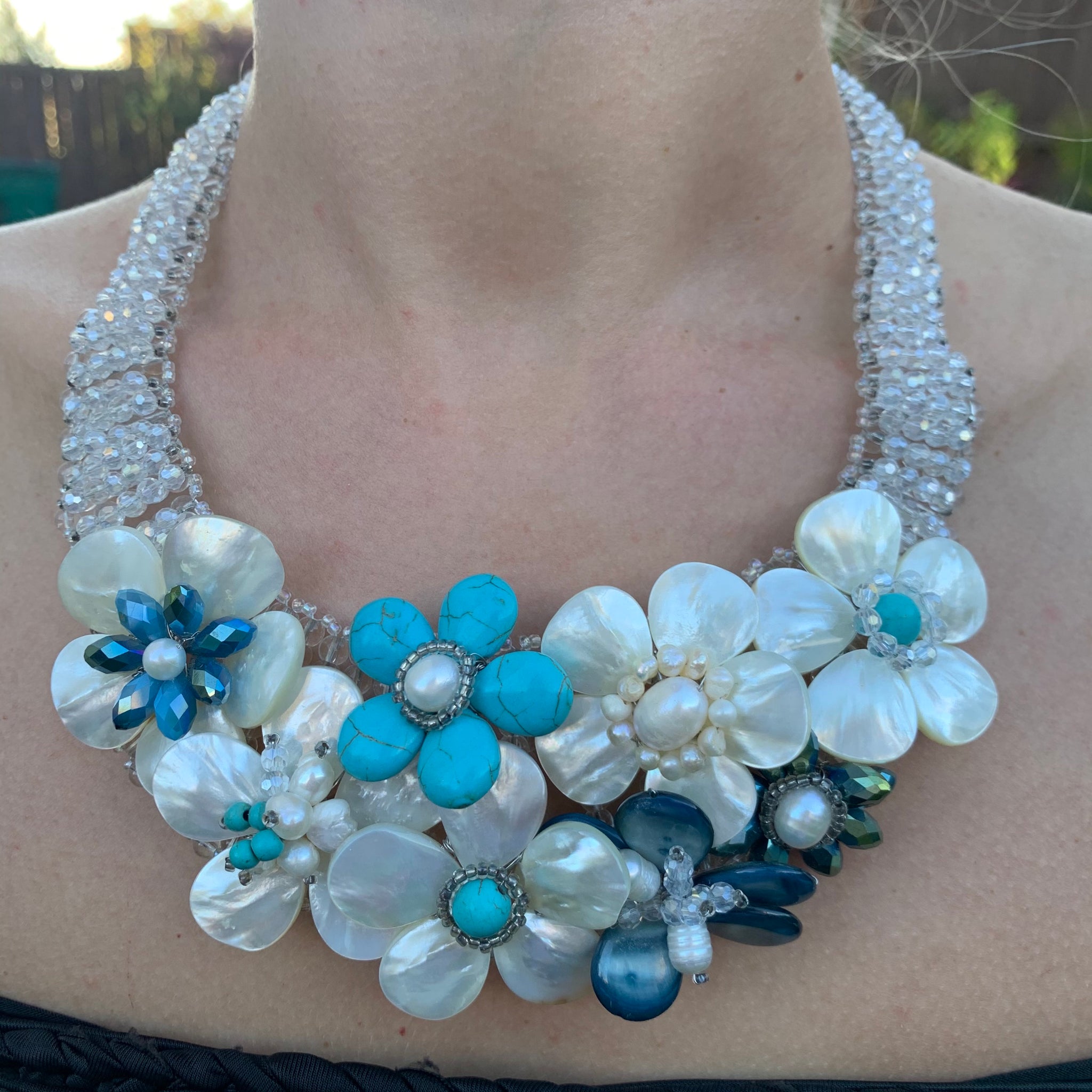 Handmade Choker 20" Turquoise and Pearls with Carved Sea Shells Floral Necklace