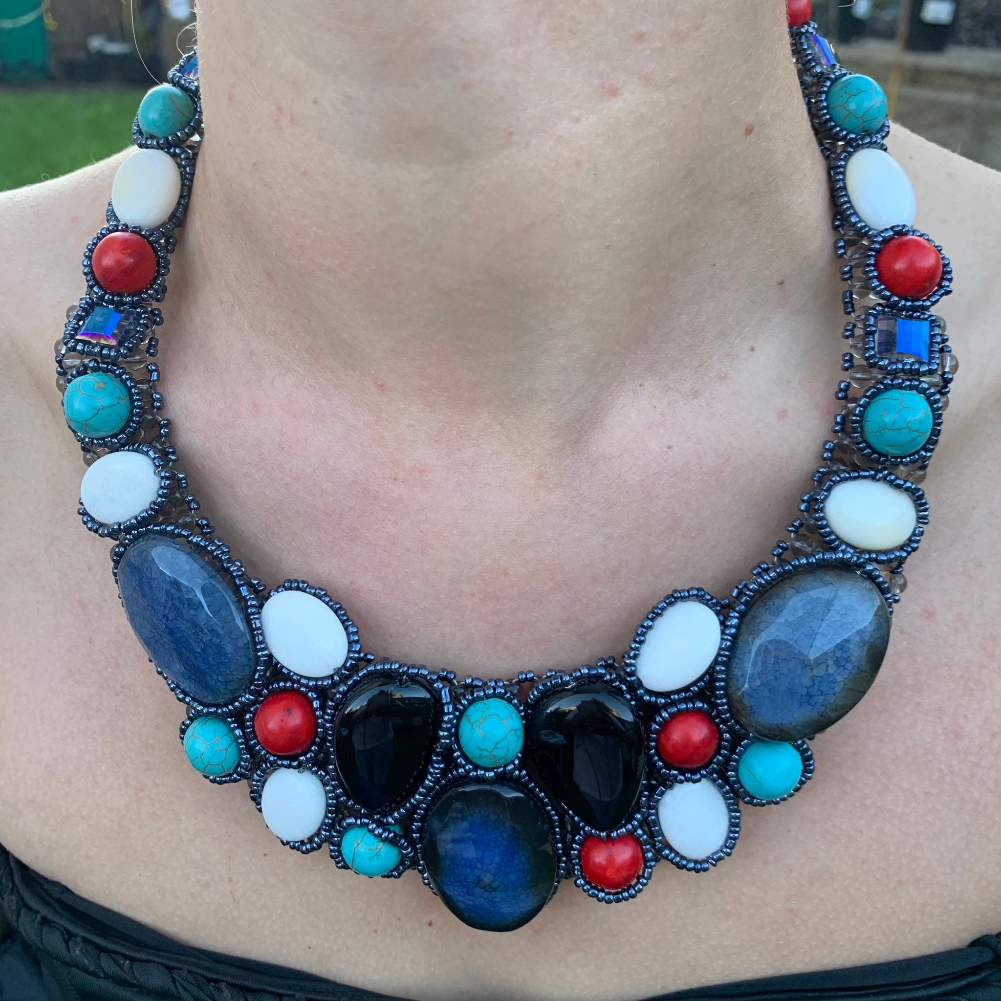 Unique Handmade Choker  20" with Turquoise and Agate Gemstone Necklace