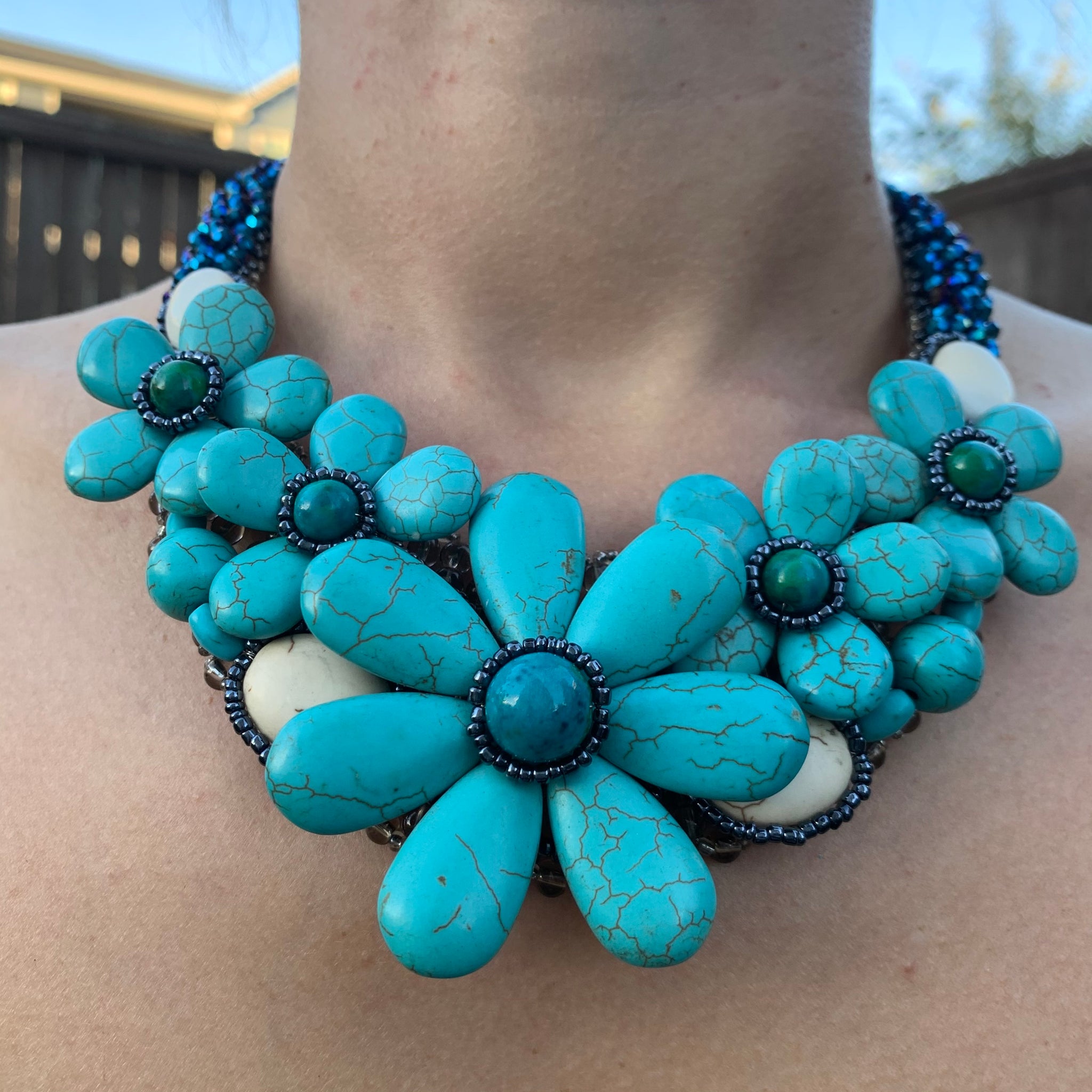 Handmade Choker 20" Fancy Turquoise & Hametite Beads Floral Bib Necklace